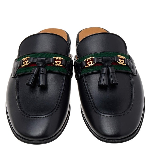 GUCCI PRINCETOWN BLACK LEATHER WEB TASSEL SLIPPER MULE 13/ 13.5 US LOAFER PARIDE - Picture 1 of 12